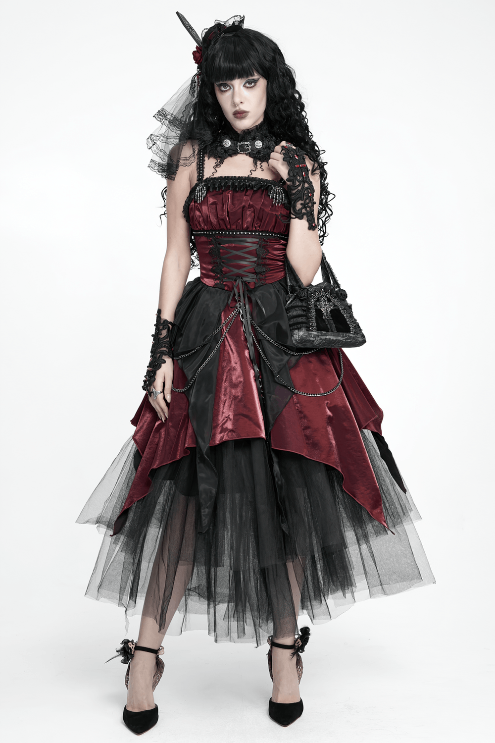 Gothic Black Lace Handbag with Cross and Rose Details