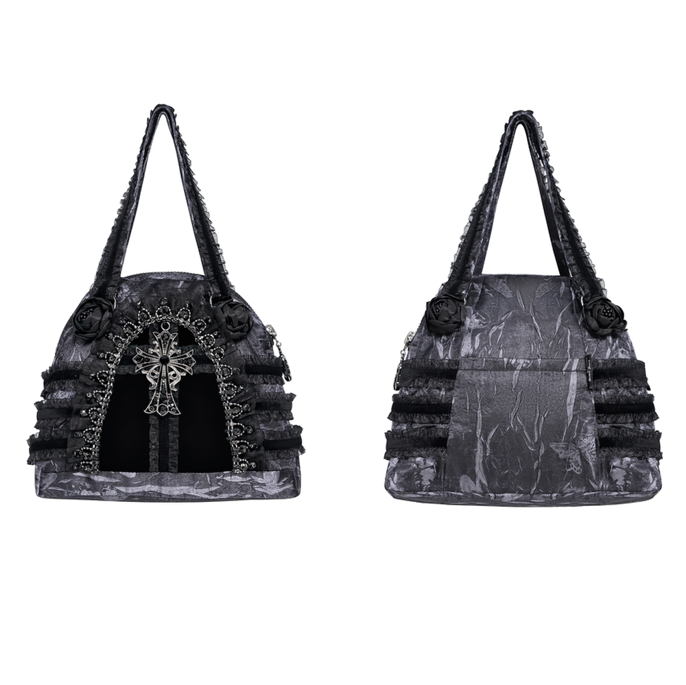 Gothic Black Lace Handbag with Cross and Rose Details