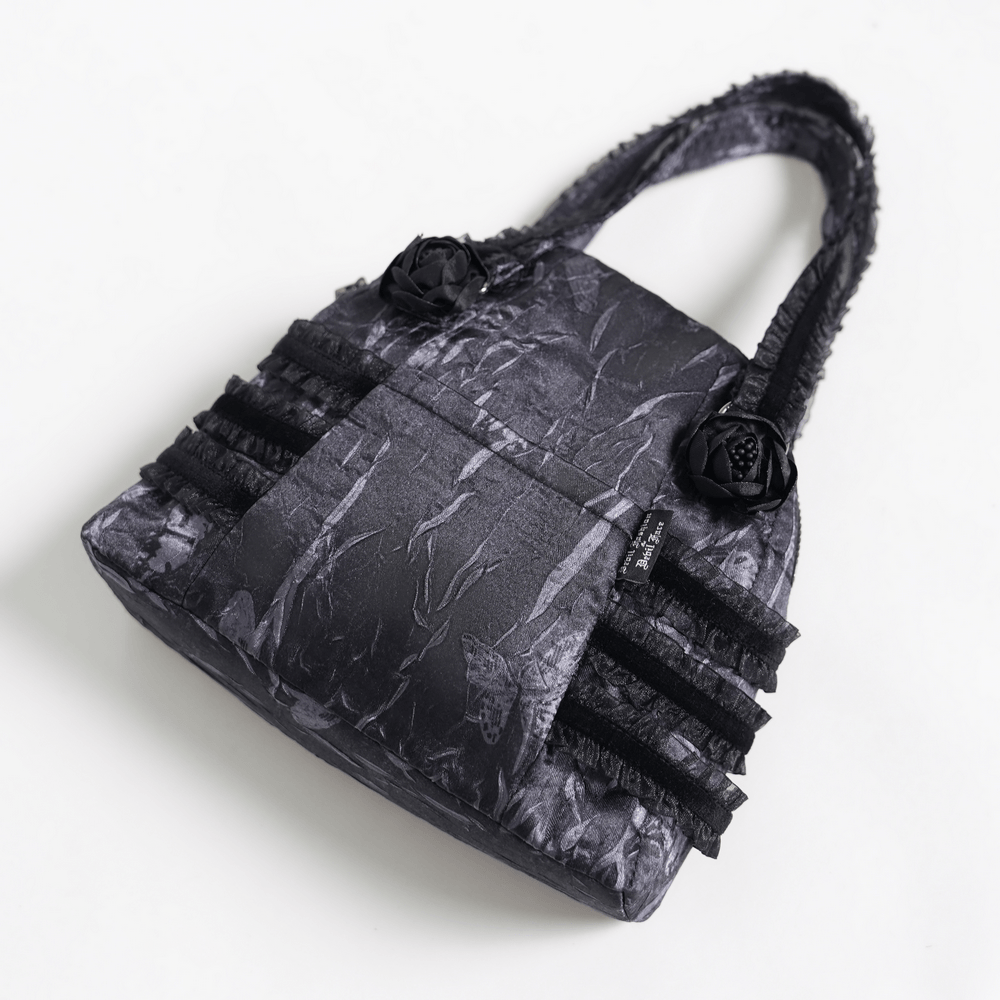 Gothic Black Lace Handbag with Cross and Rose Details