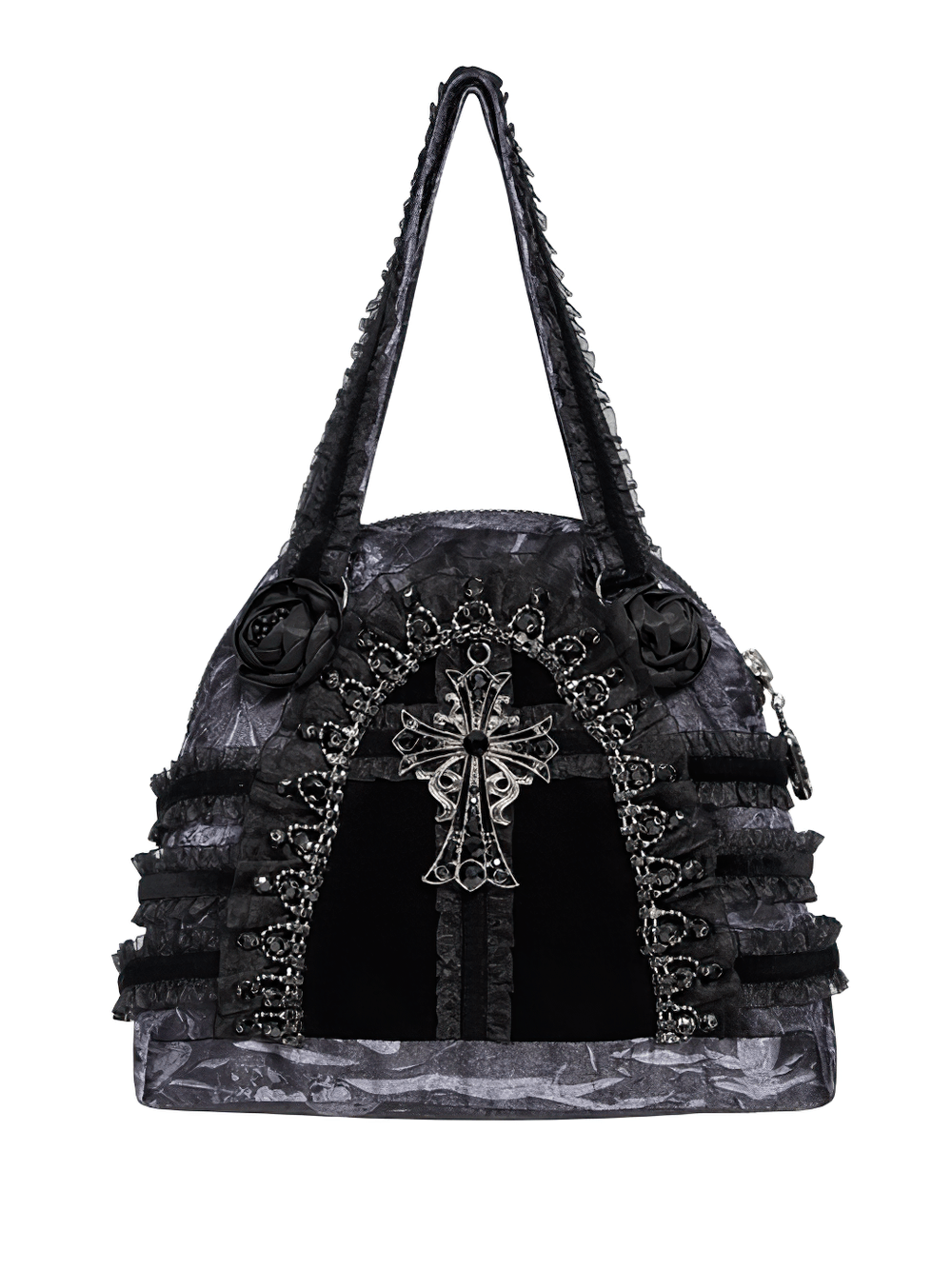 Gothic Black Lace Handbag with Cross and Rose Details
