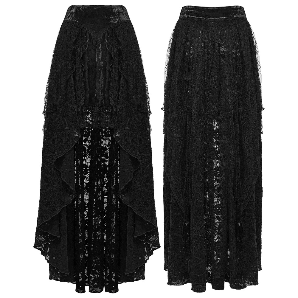 Gothic Black Lace High-Low Skirt with Velvet Detail