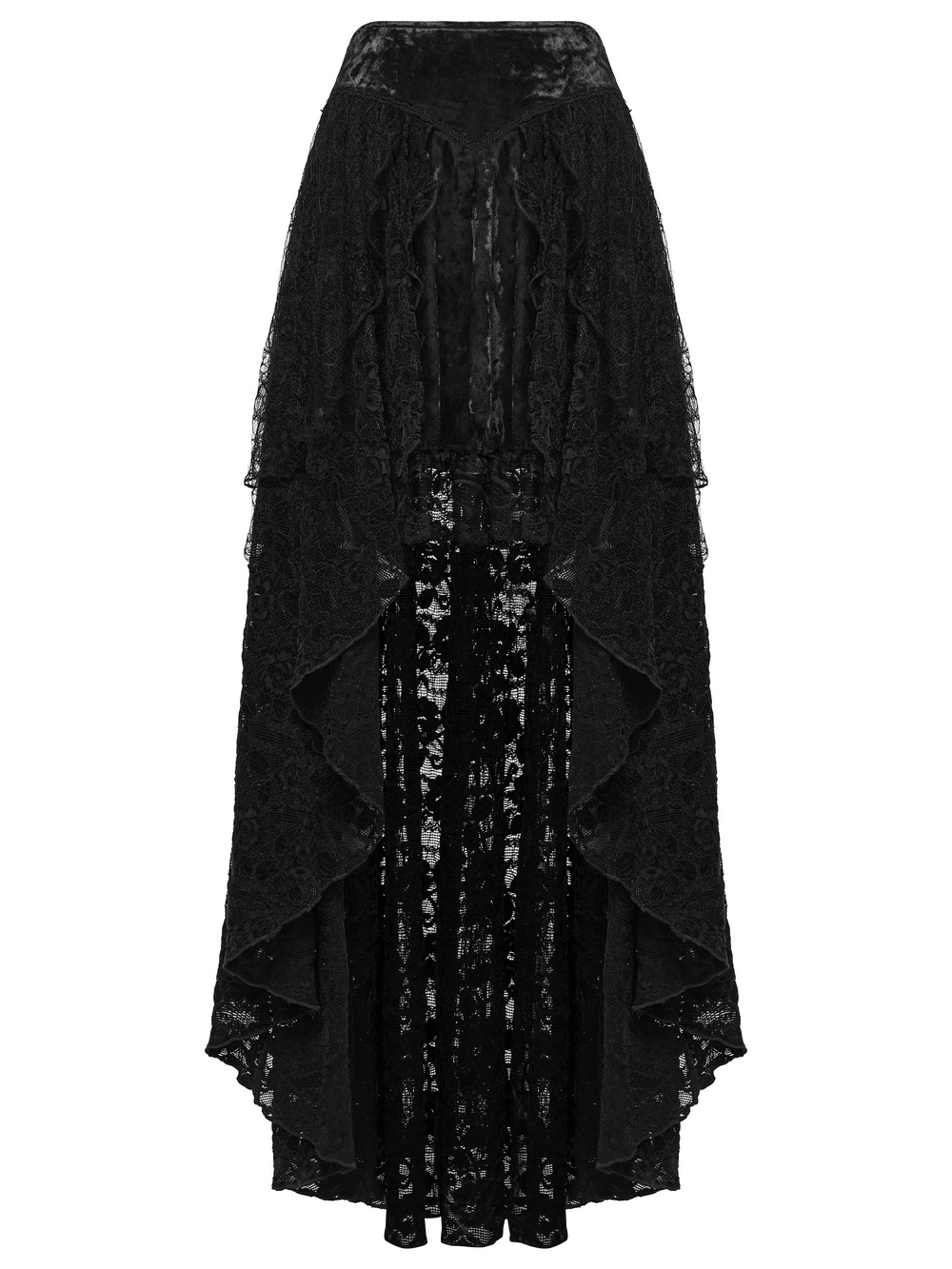 Gothic Black Lace High-Low Skirt with Velvet Detail