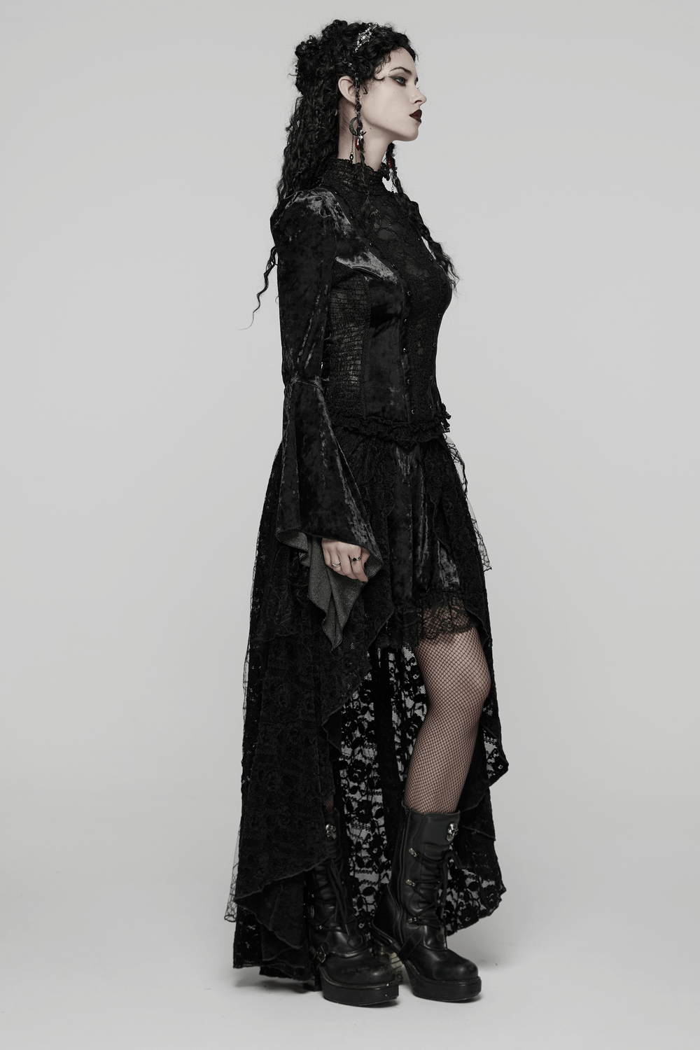 Gothic Black Lace High-Low Skirt with Velvet Detail