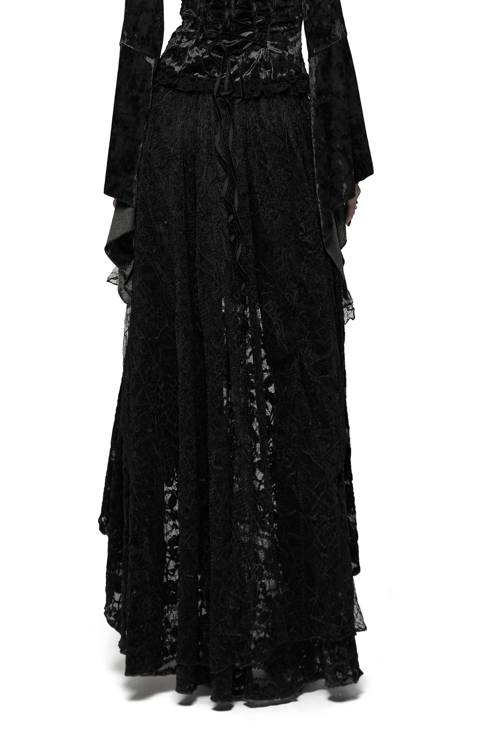 Gothic Black Lace High-Low Skirt with Velvet Detail