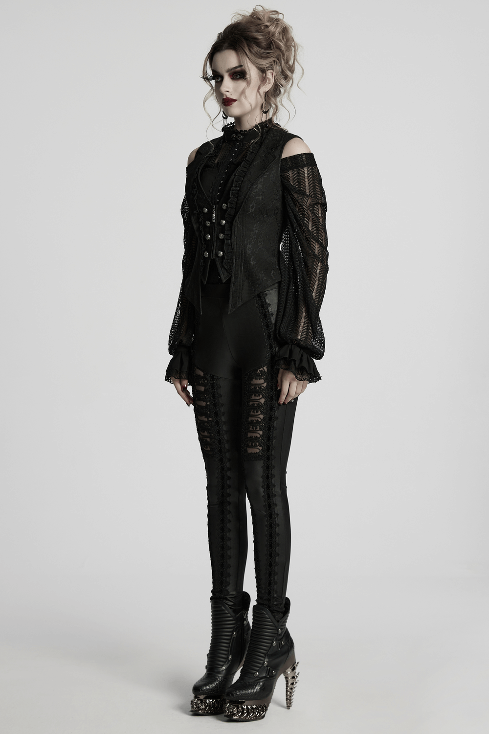 Gothic Black Lace Lapel Waistcoat with Engraved Buttons