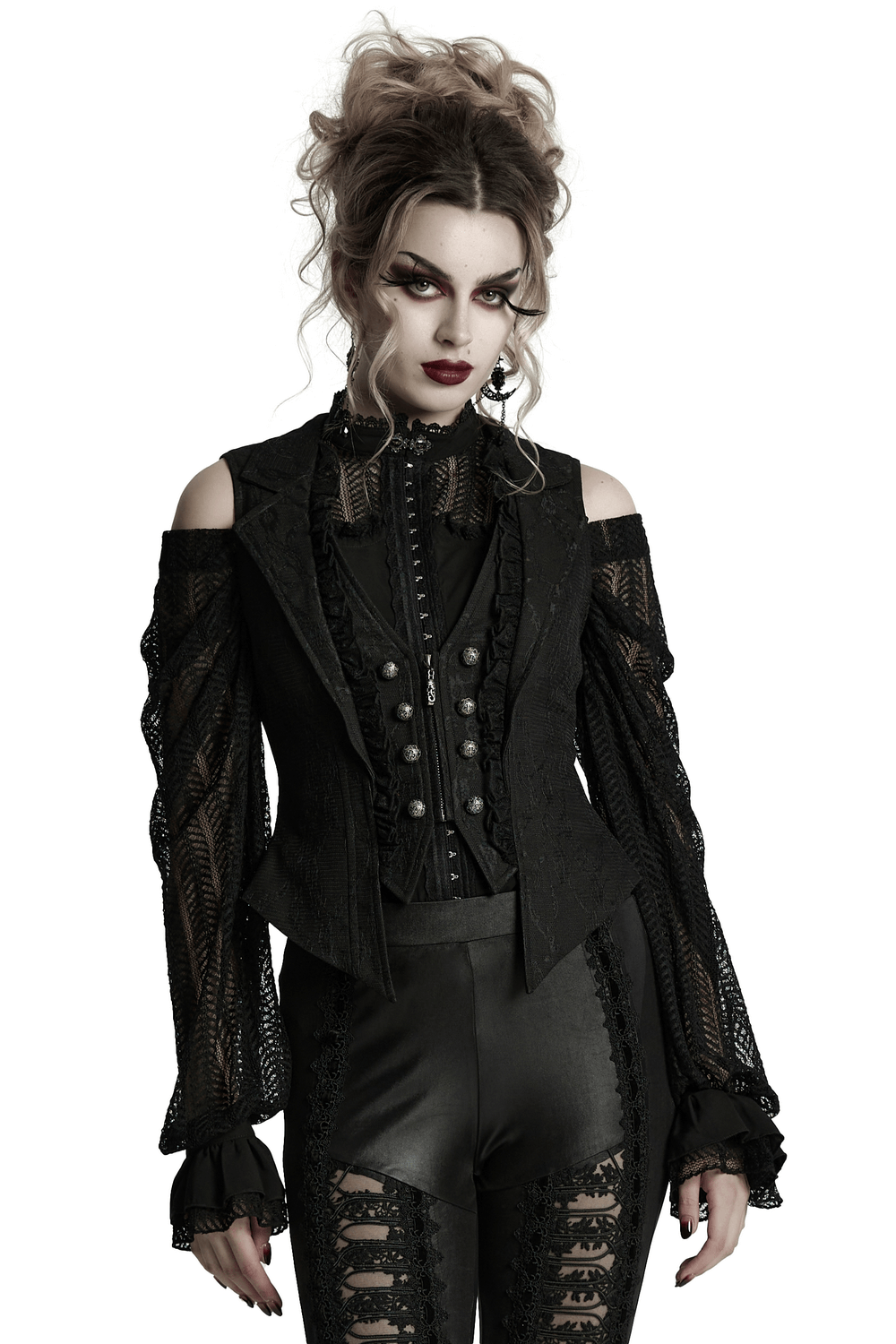 Gothic Black Lace Lapel Waistcoat with Engraved Buttons