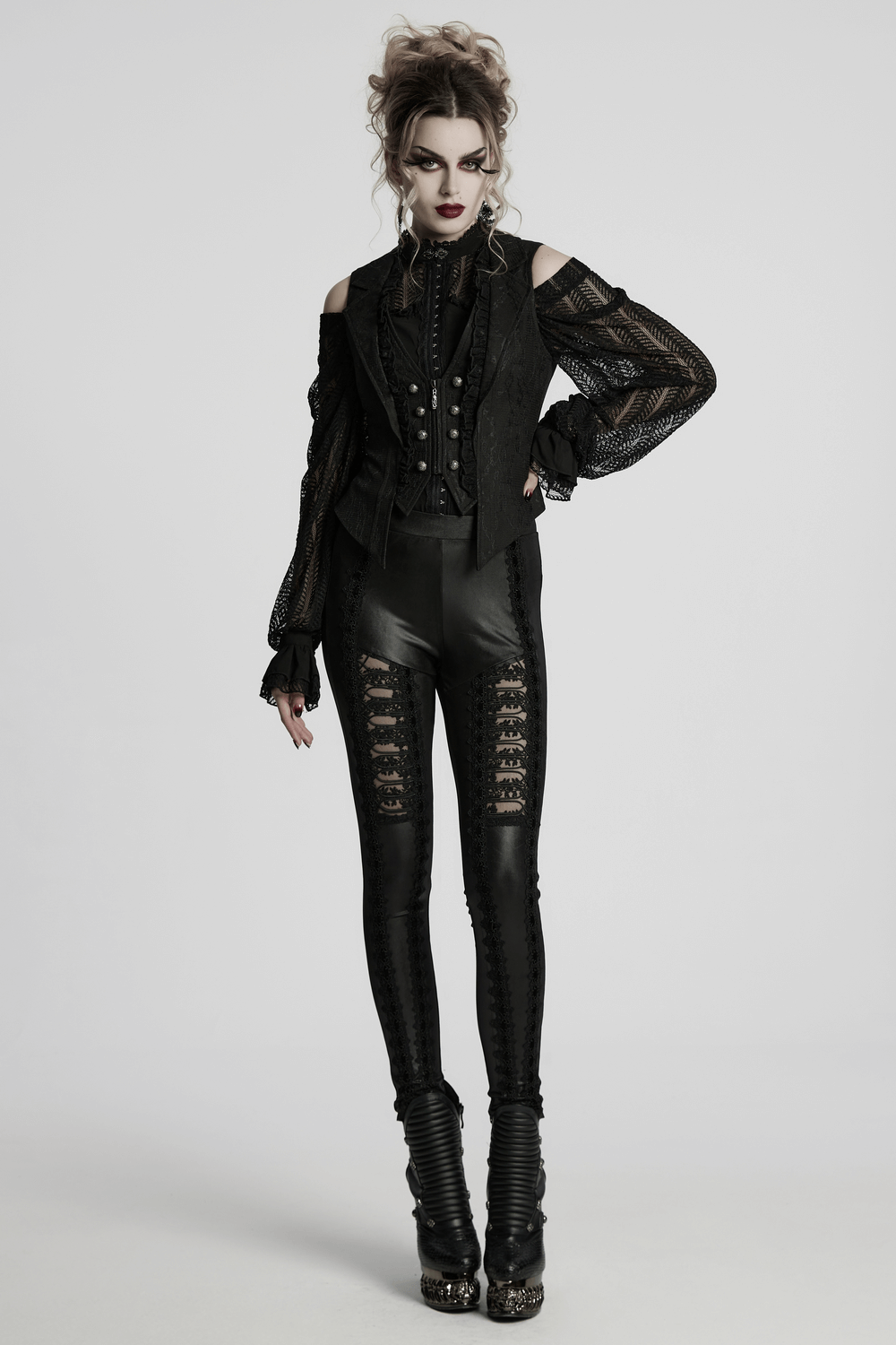 Gothic Black Lace Lapel Waistcoat with Engraved Buttons
