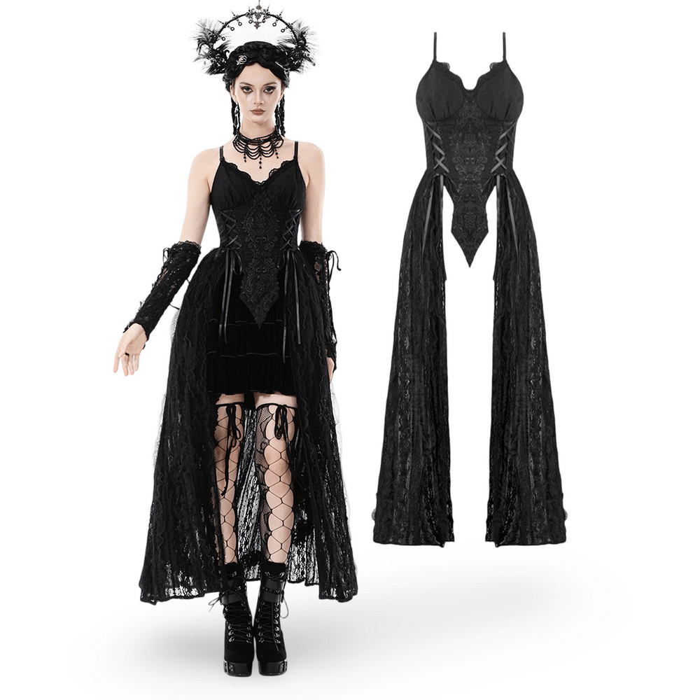 Gothic Black Lace Maxi Dress with Split Panels