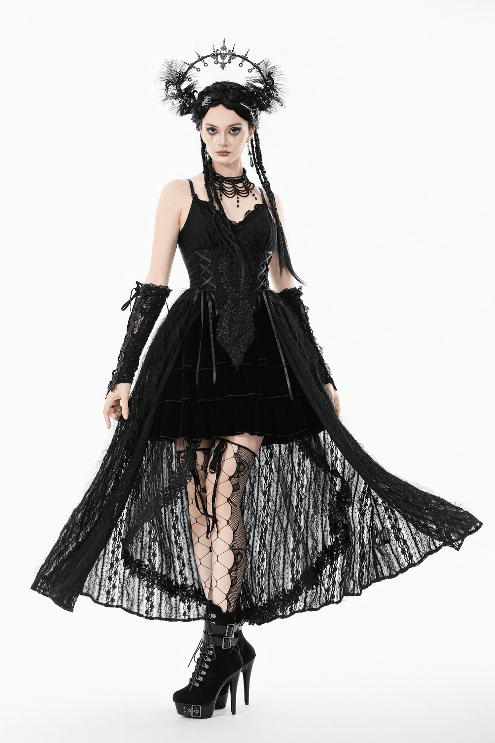 Gothic Black Lace Maxi Dress with Split Panels
