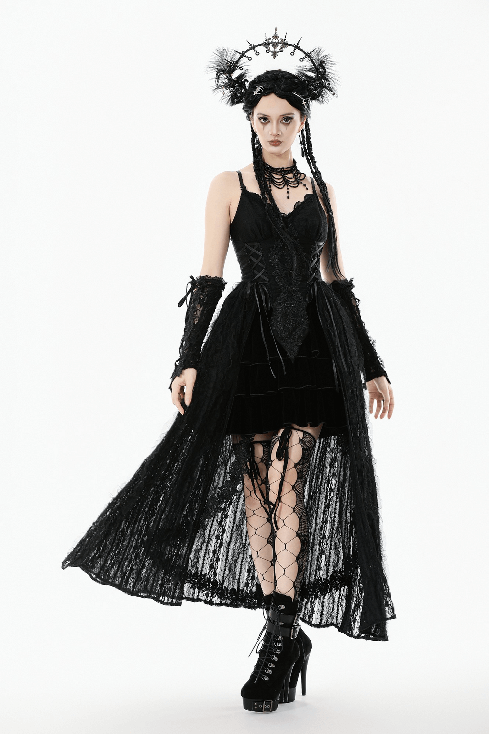 Gothic Black Lace Maxi Dress with Split Panels