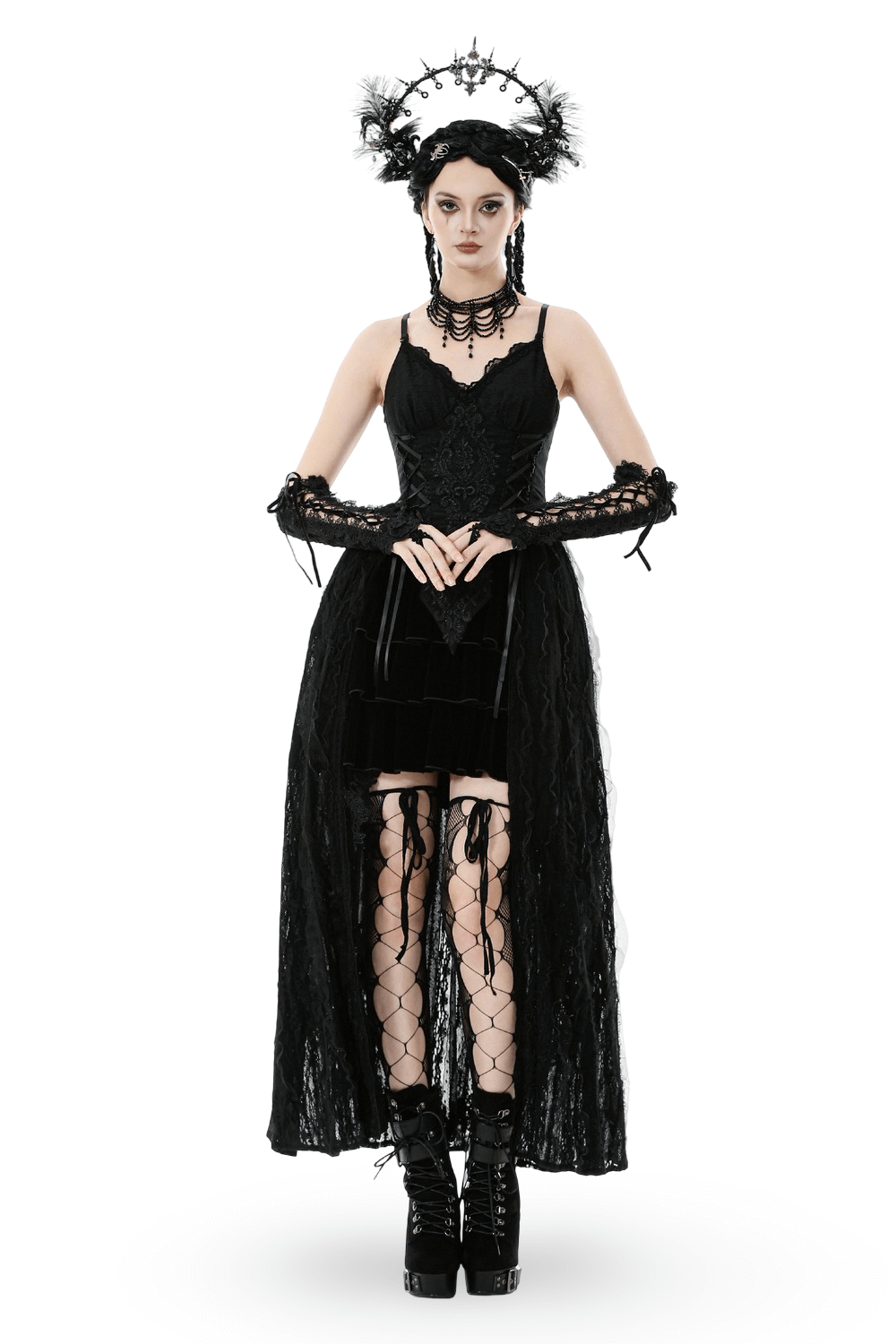 Gothic Black Lace Maxi Dress with Split Panels