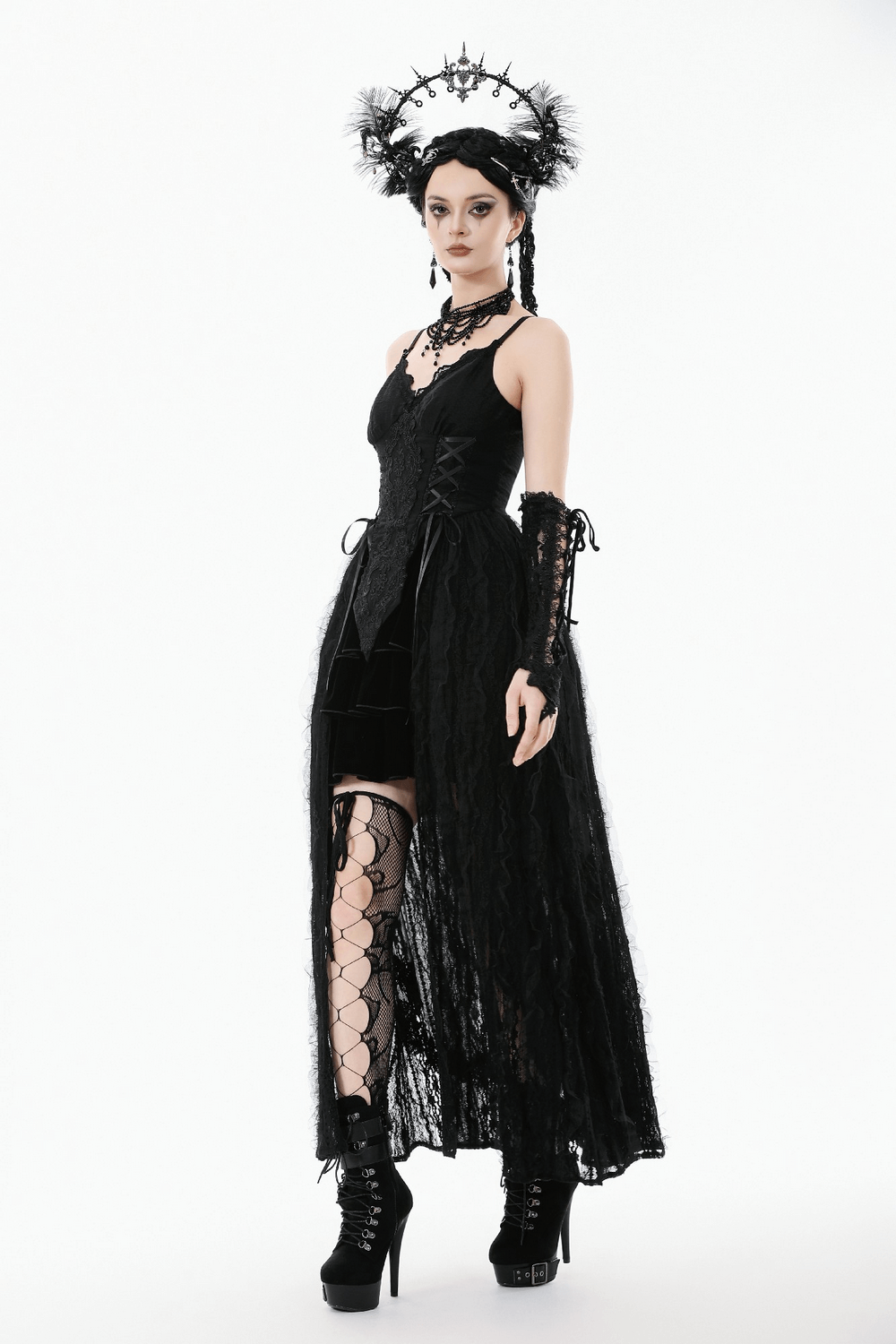 Gothic Black Lace Maxi Dress with Split Panels