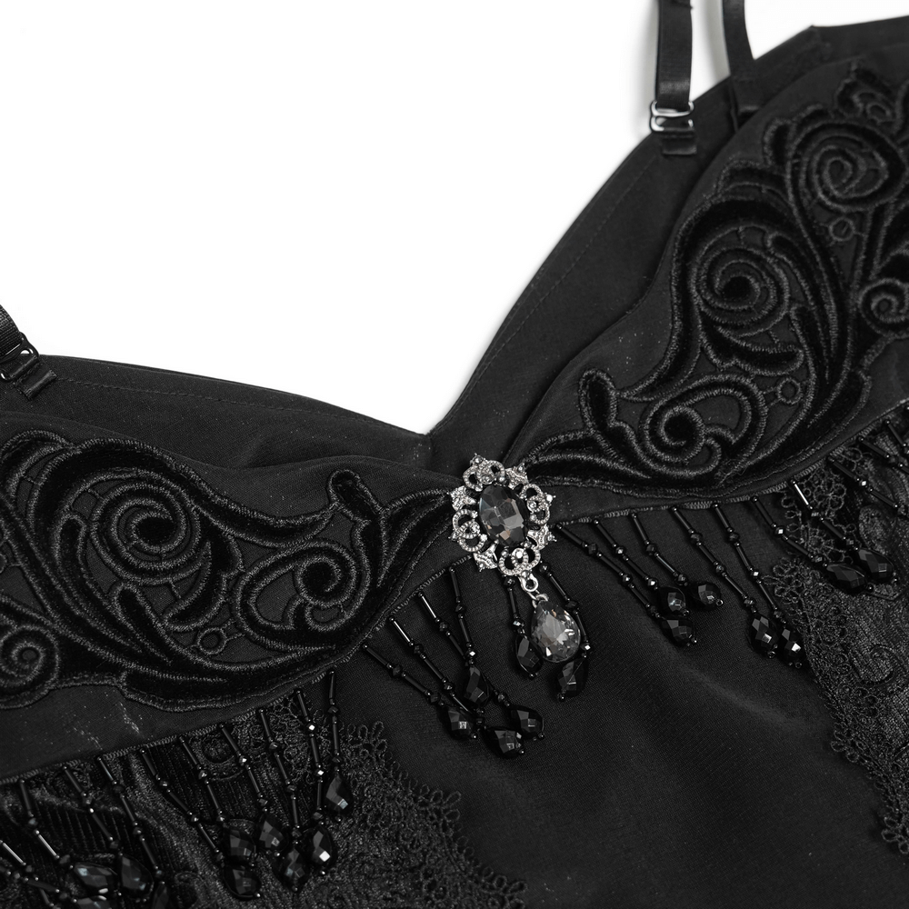 Gothic Black Lace Off-Shoulder Dress with Ruffles and Beads