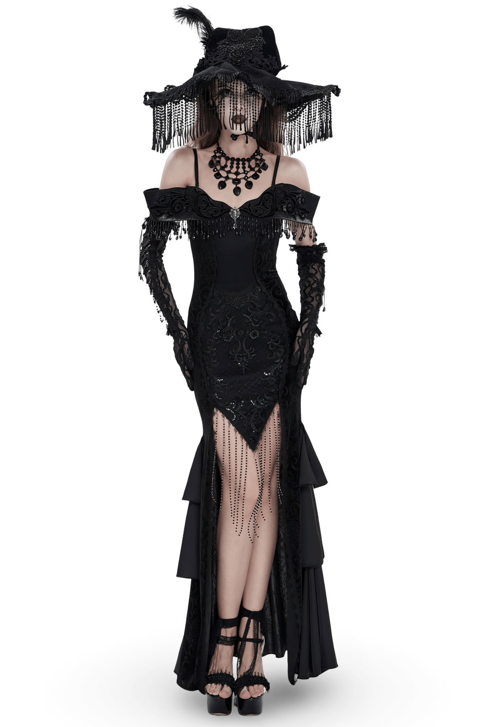 Gothic Black Lace Off-Shoulder Dress with Ruffles and Beads