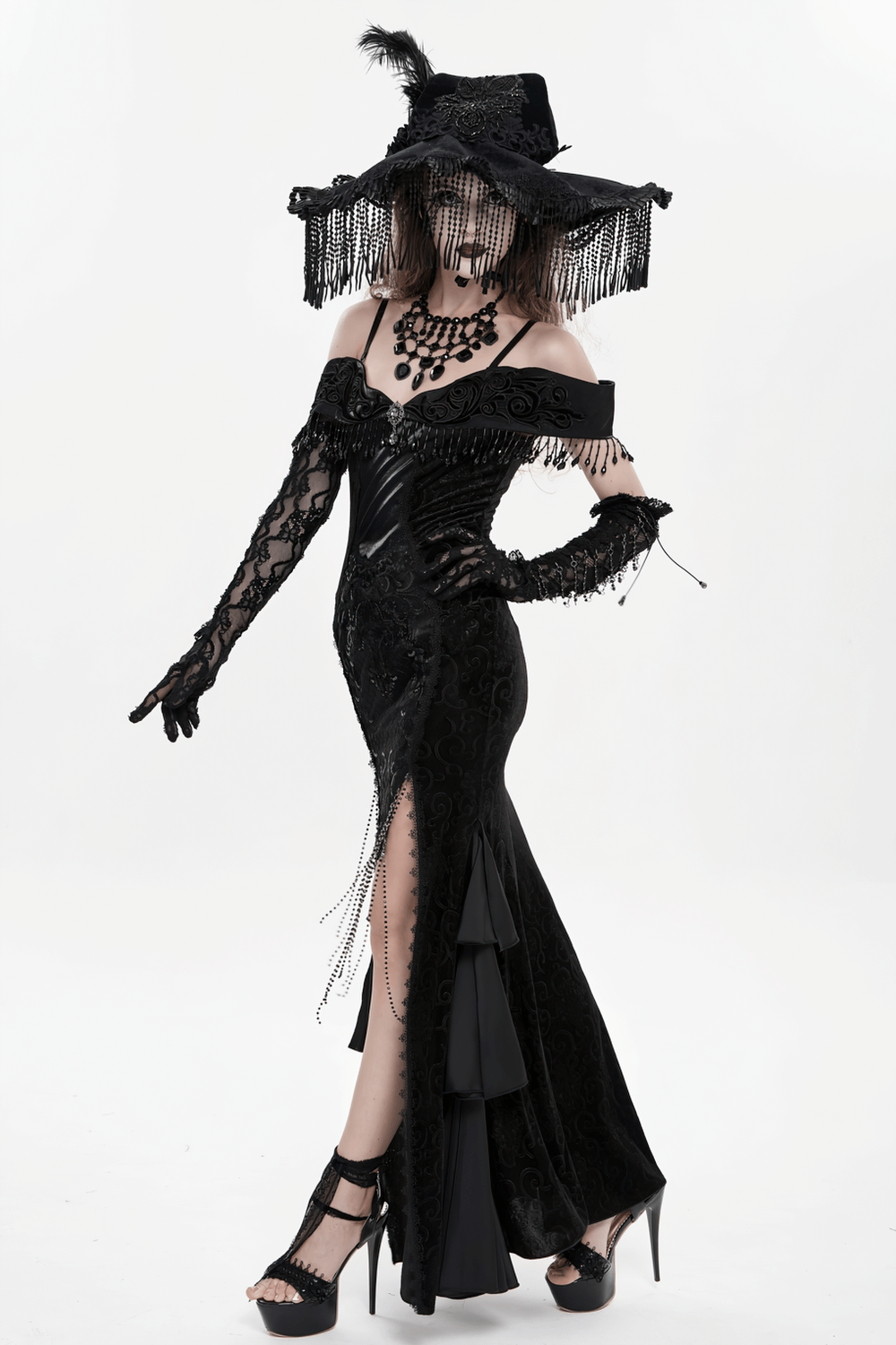 Gothic Black Lace Off-Shoulder Dress with Ruffles and Beads
