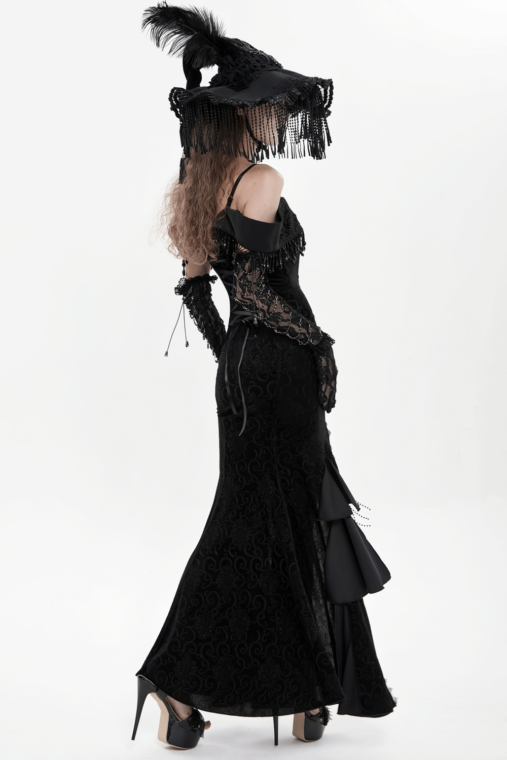 Gothic Black Lace Off-Shoulder Dress with Ruffles and Beads