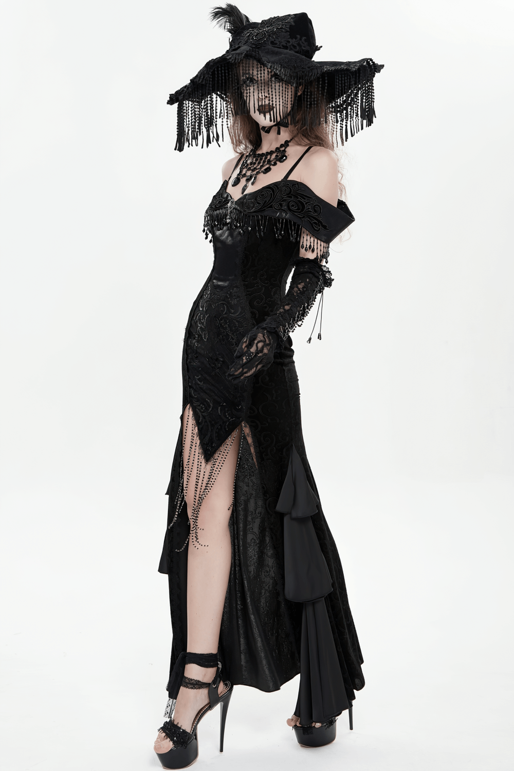 Gothic Black Lace Off-Shoulder Dress with Ruffles and Beads
