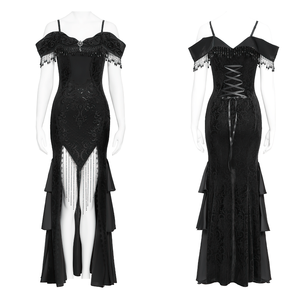 Gothic Black Lace Off-Shoulder Dress with Ruffles and Beads