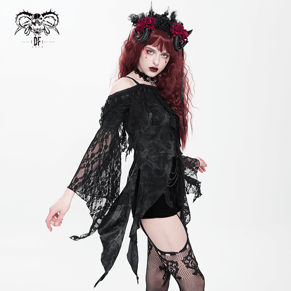 Gothic Black Lace Off Shoulder Top with Flared Sleeves