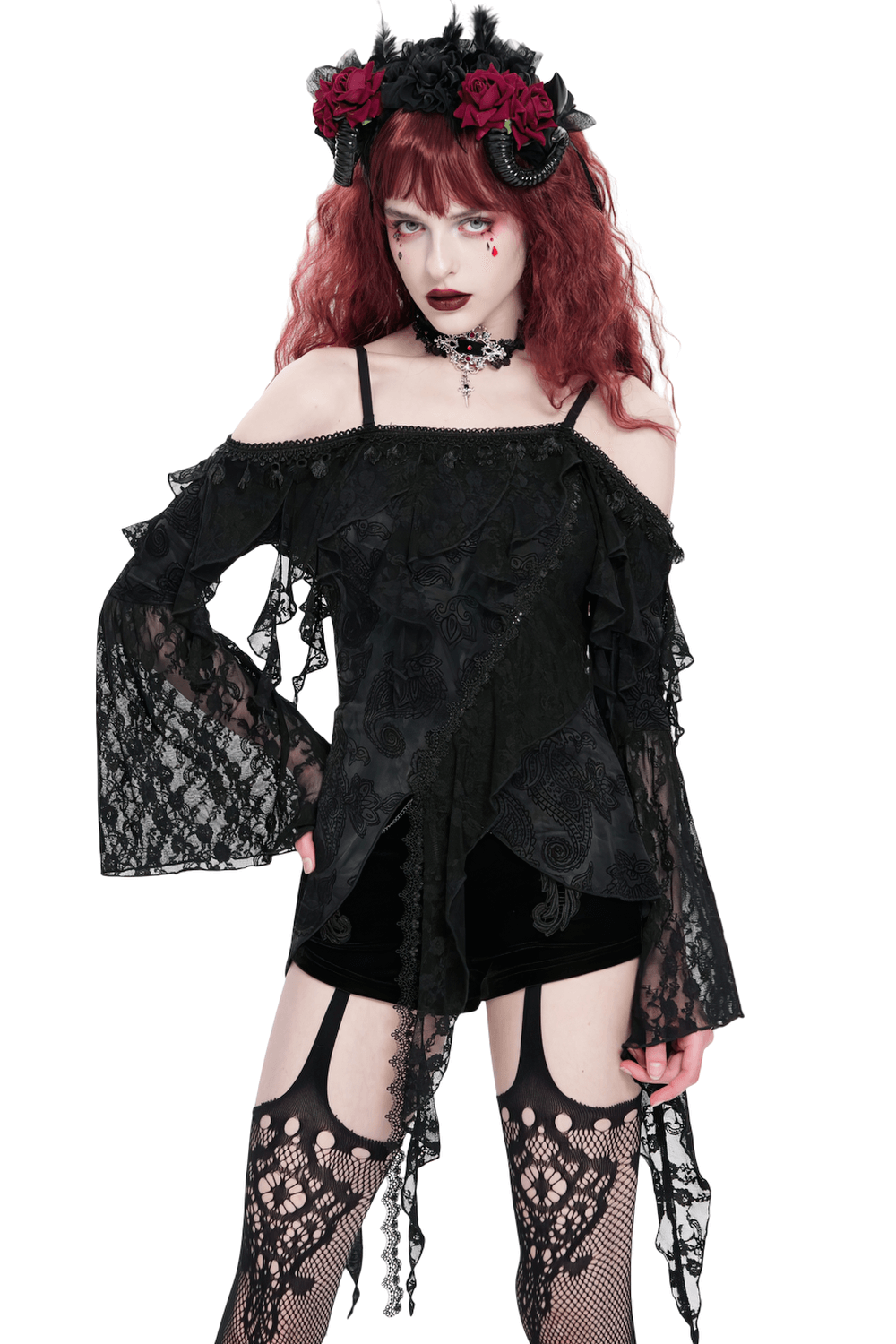 Gothic Black Lace Off Shoulder Top with Flared Sleeves