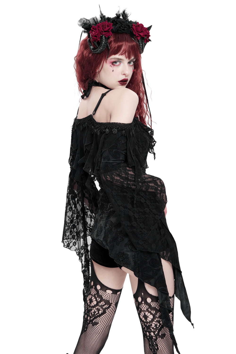 Gothic Black Lace Off Shoulder Top with Flared Sleeves