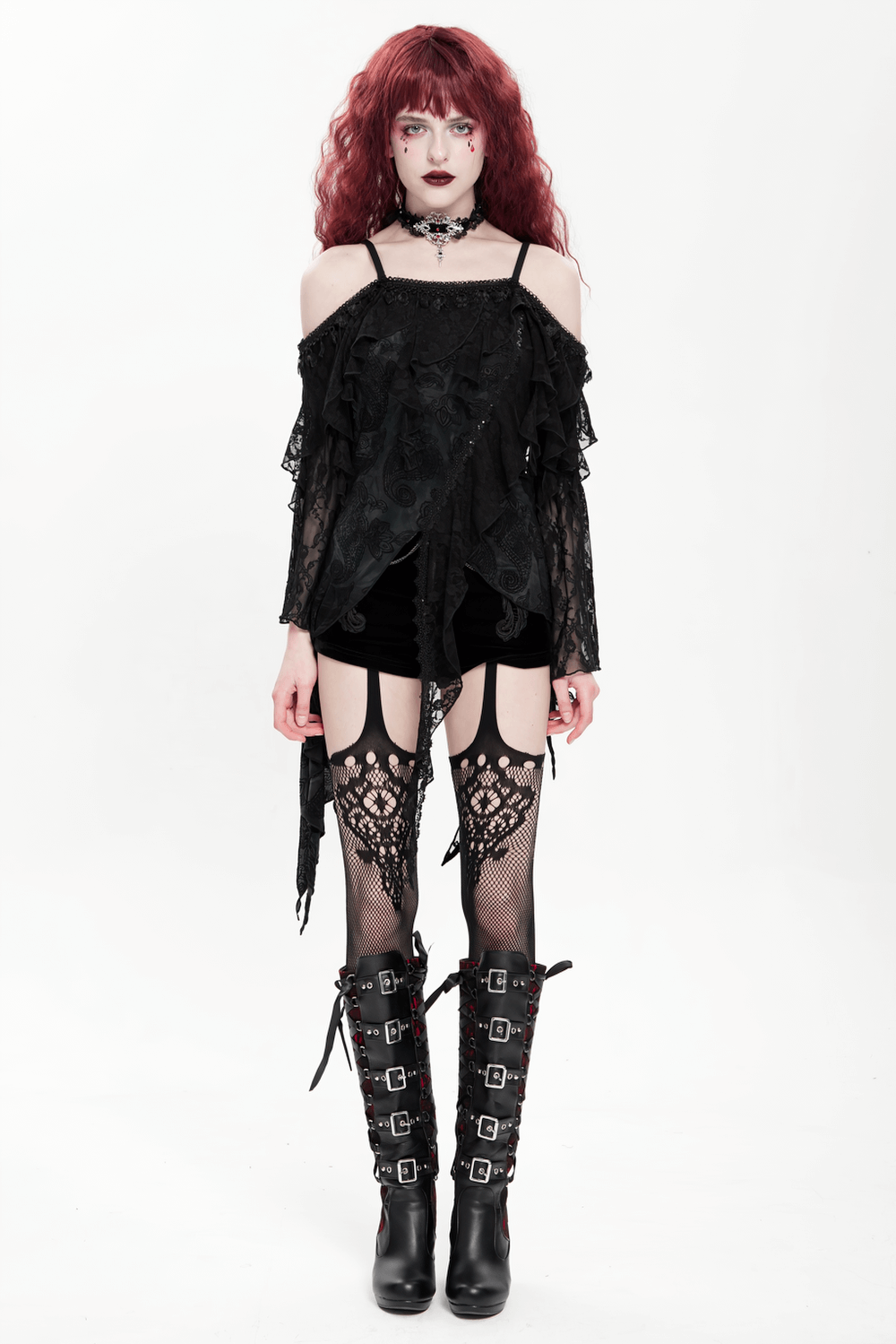 Gothic Black Lace Off Shoulder Top with Flared Sleeves