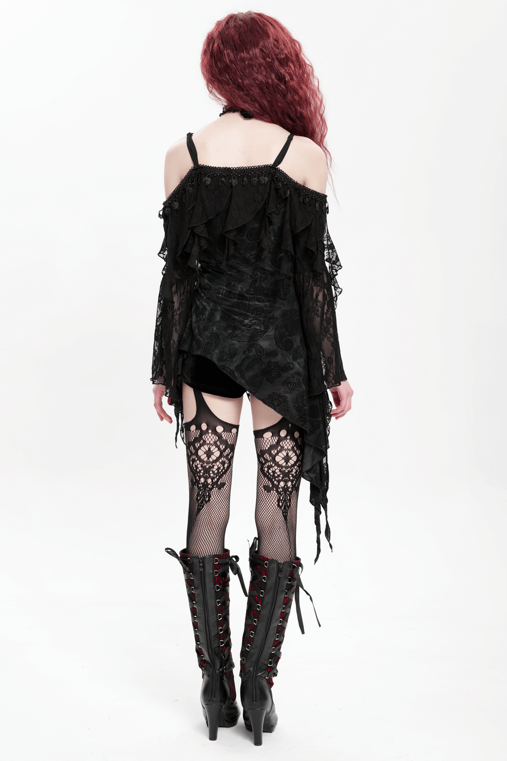 Gothic Black Lace Off Shoulder Top with Flared Sleeves