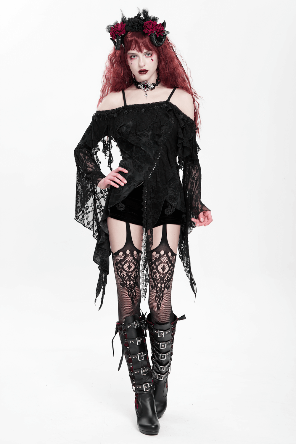 Gothic Black Lace Off Shoulder Top with Flared Sleeves