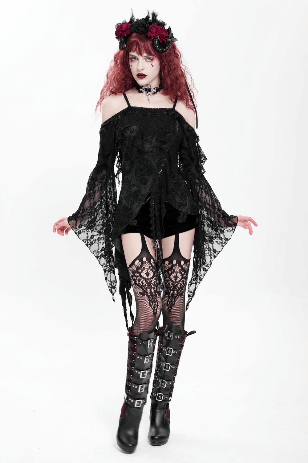 Gothic Black Lace Off Shoulder Top with Flared Sleeves