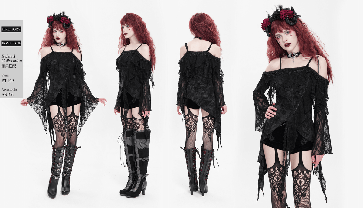 Gothic Black Lace Off Shoulder Top with Flared Sleeves