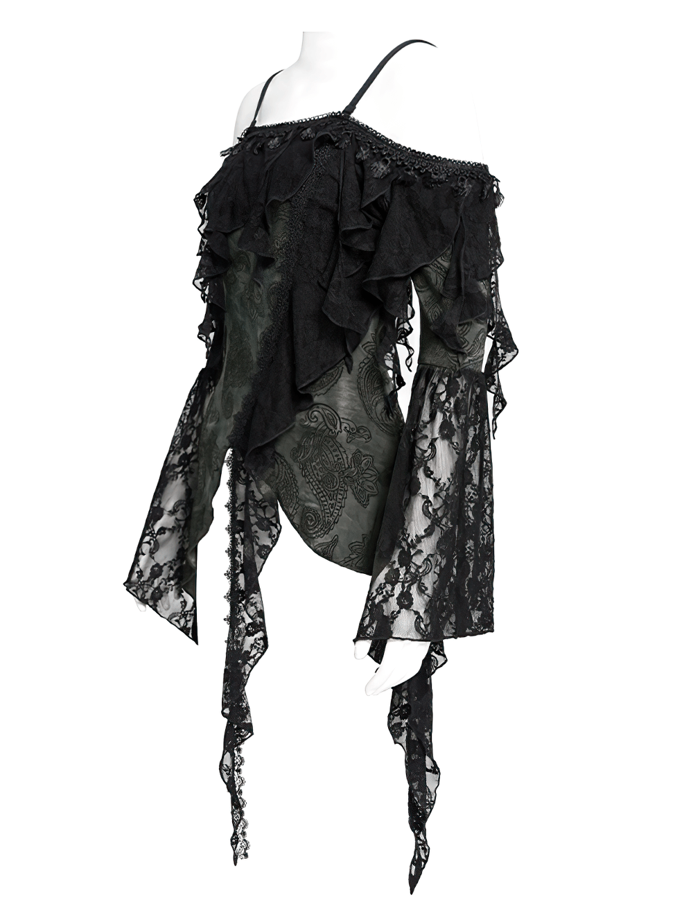 Gothic Black Lace Off Shoulder Top with Flared Sleeves