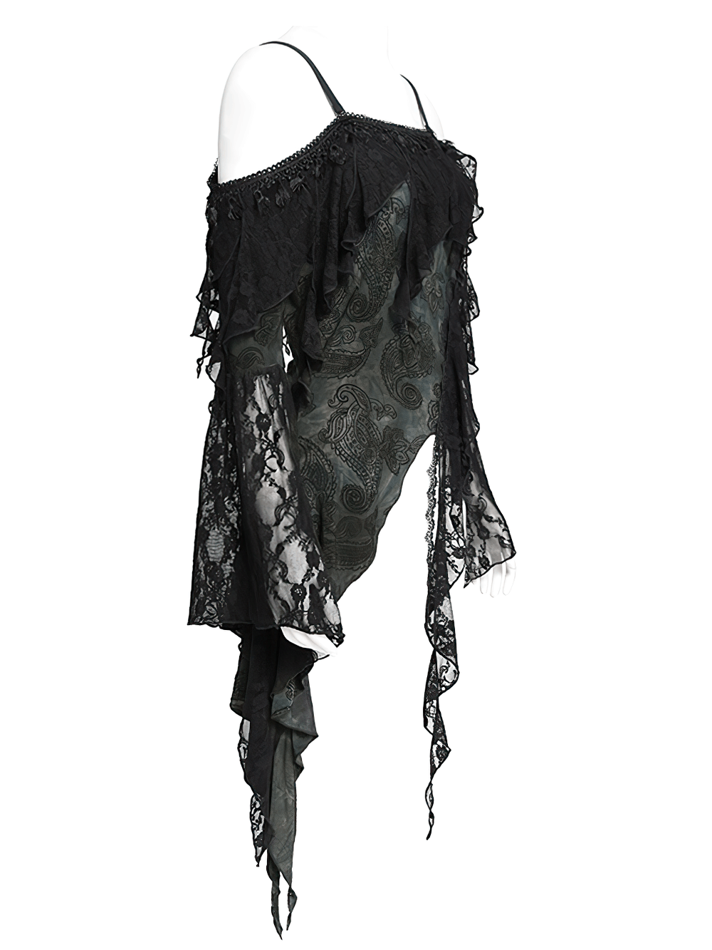 Gothic Black Lace Off Shoulder Top with Flared Sleeves