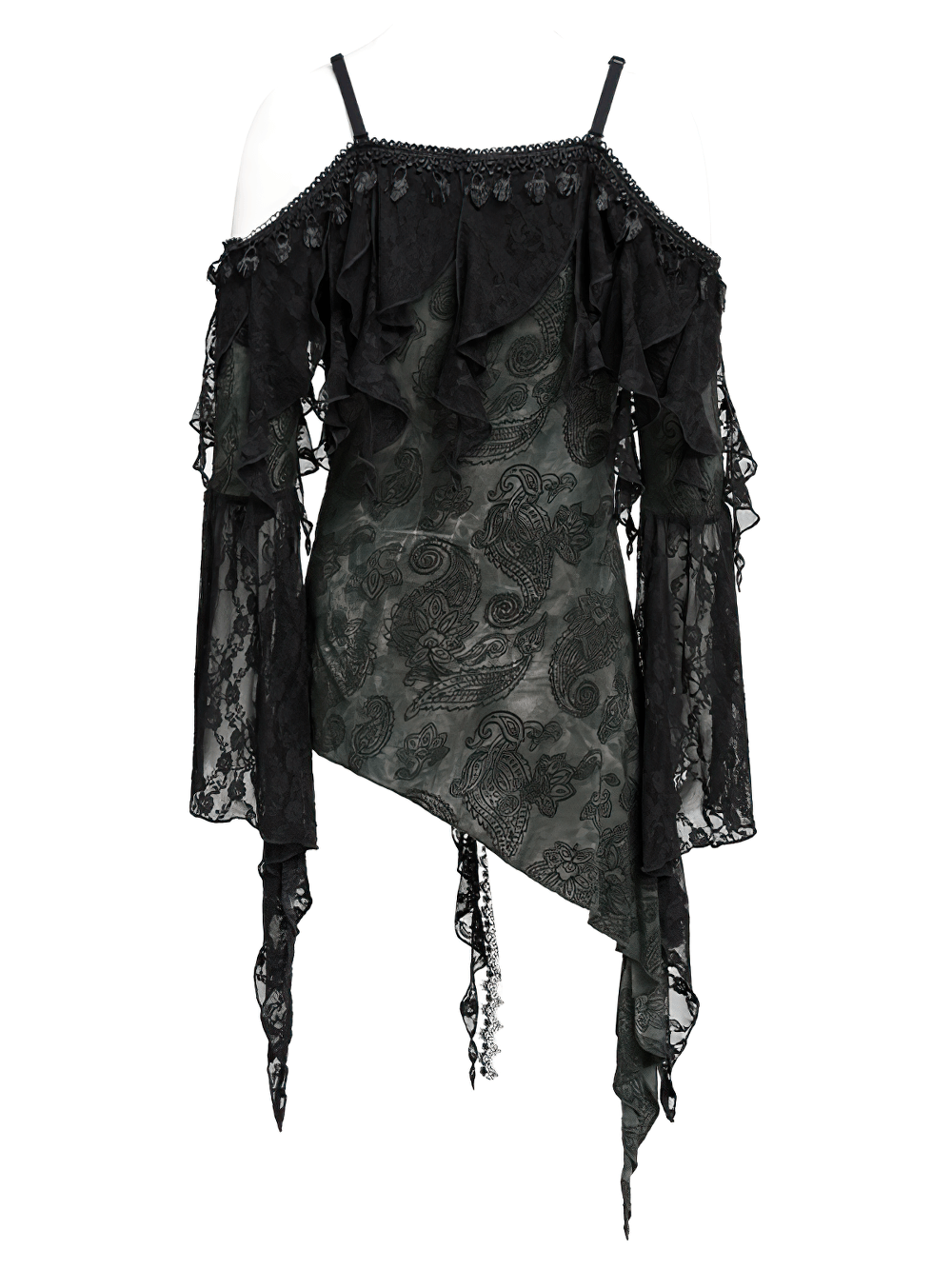 Gothic Black Lace Off Shoulder Top with Flared Sleeves
