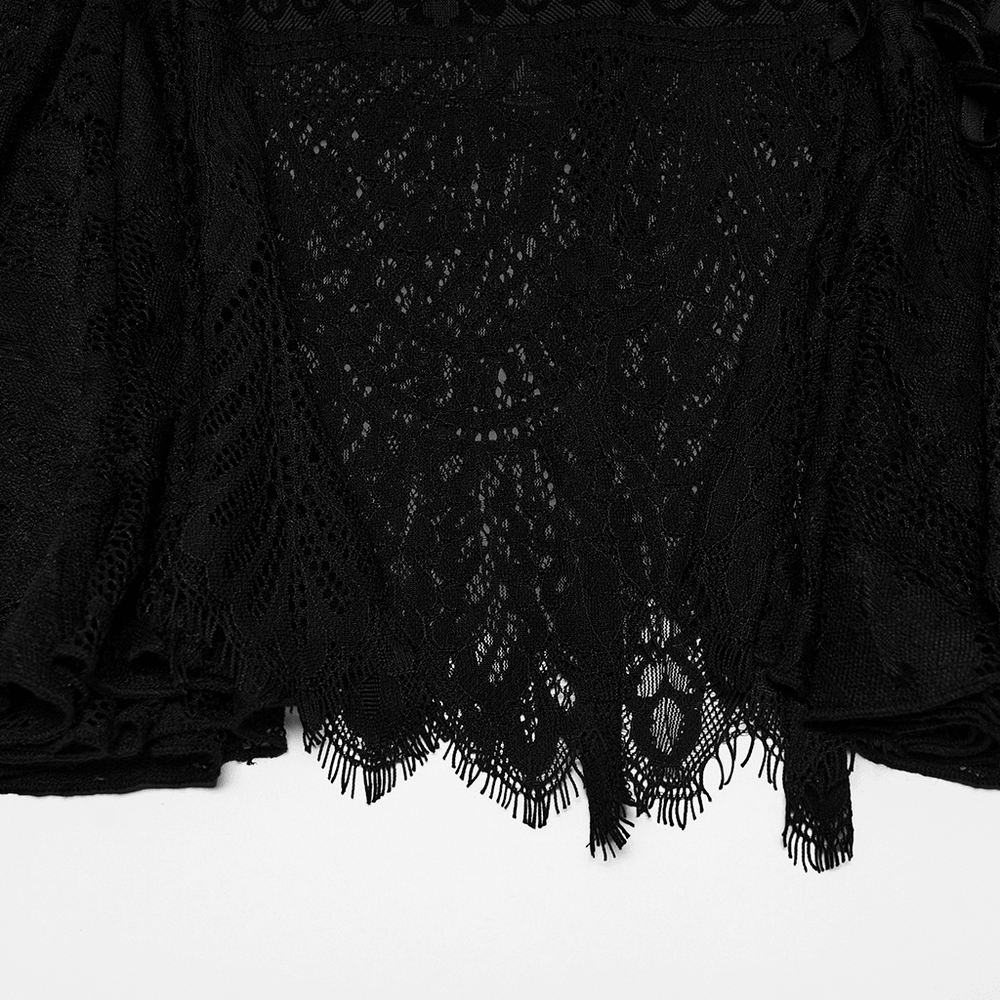 Gothic Black Lace Skirt with Sheer Panels and Straps