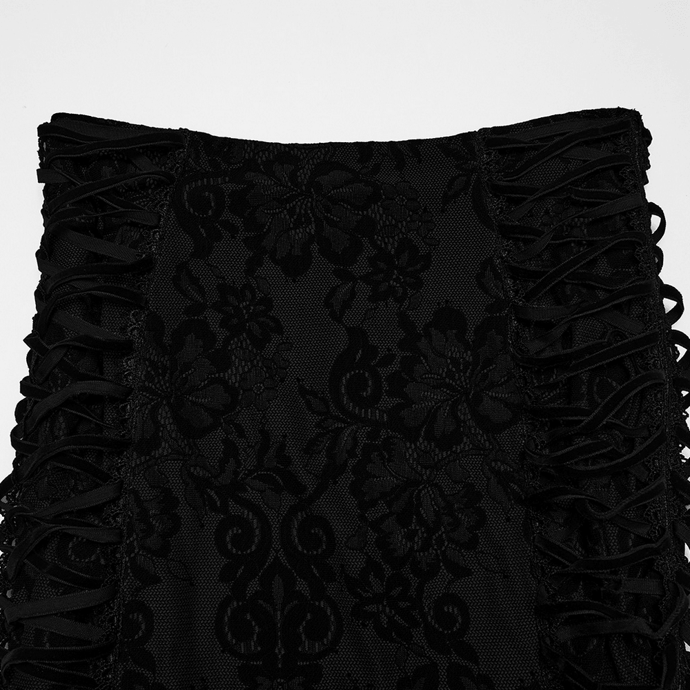 Gothic Black Lace Skirt with Sheer Panels and Straps