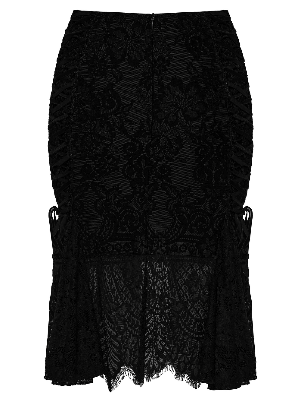 Gothic Black Lace Skirt with Sheer Panels and Straps
