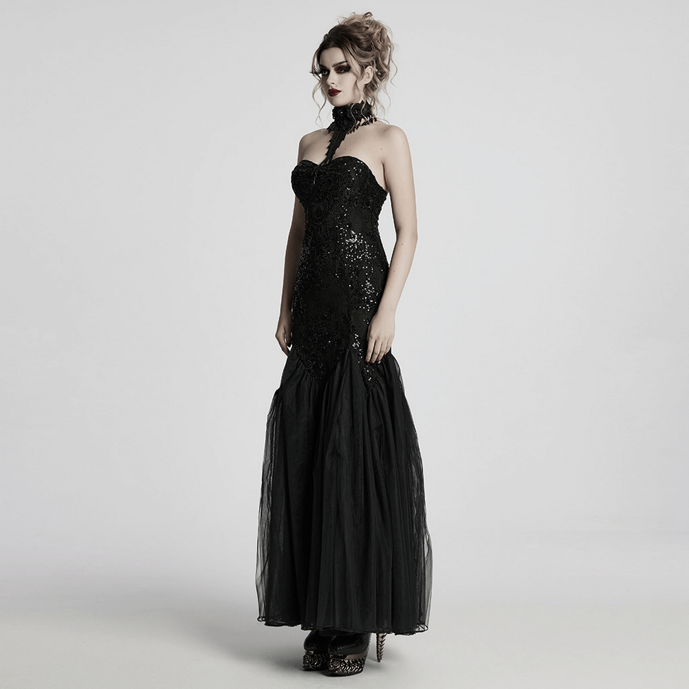 Gothic Black Lace Strapless Maxi Dress with Sequins