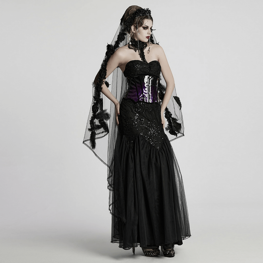 Gothic Black Lace Strapless Maxi Dress with Sequins