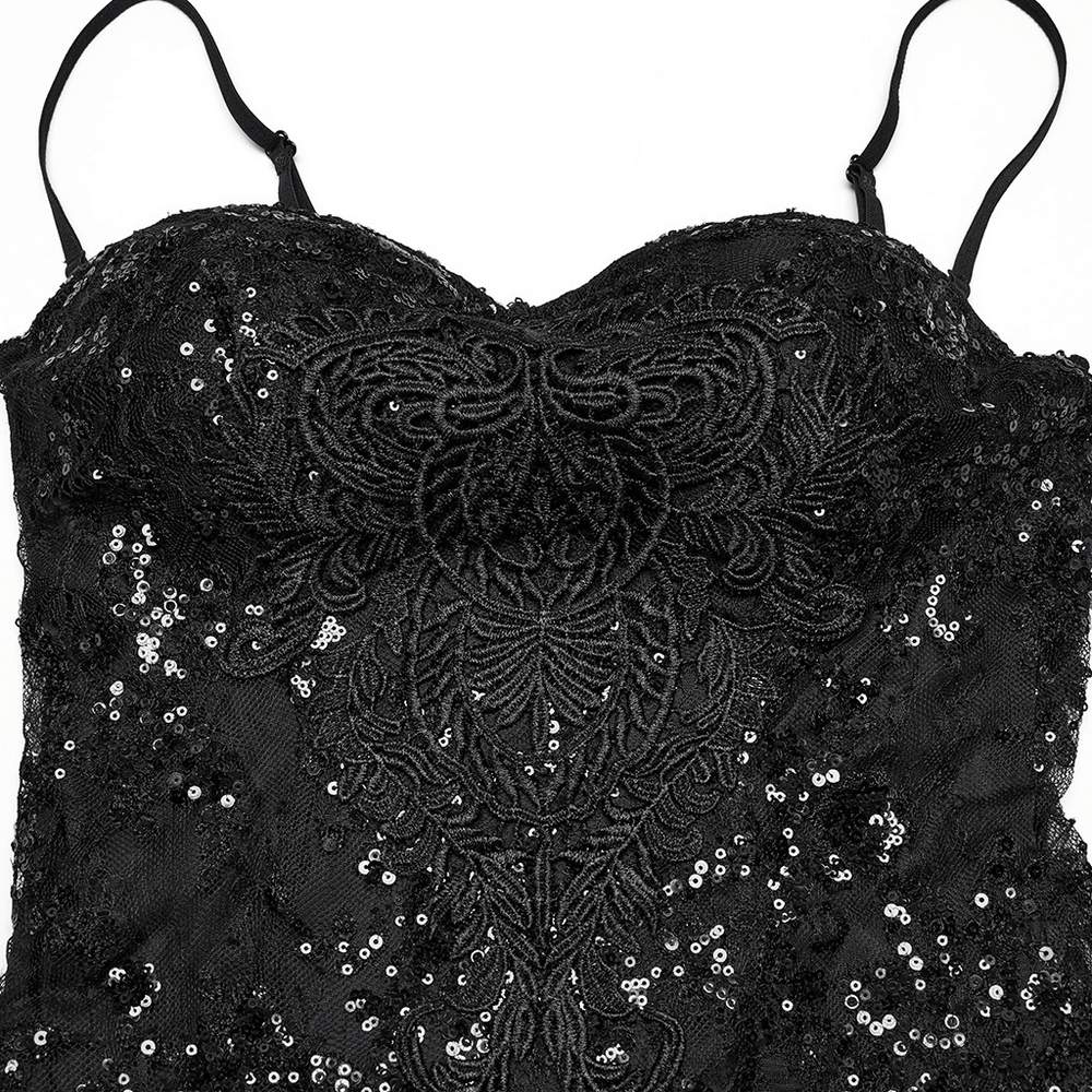 Gothic Black Lace Strapless Maxi Dress with Sequins