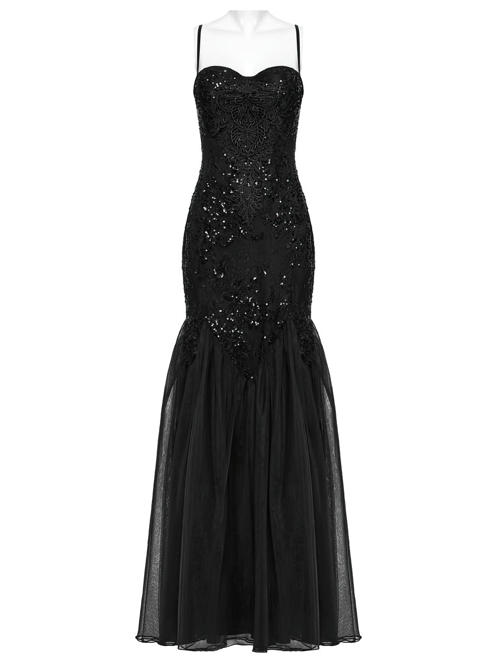 Gothic Black Lace Strapless Maxi Dress with Sequins
