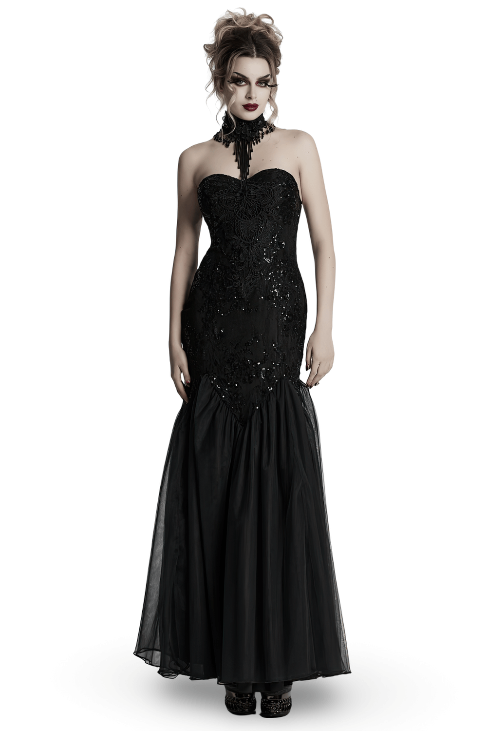 Gothic Black Lace Strapless Maxi Dress with Sequins