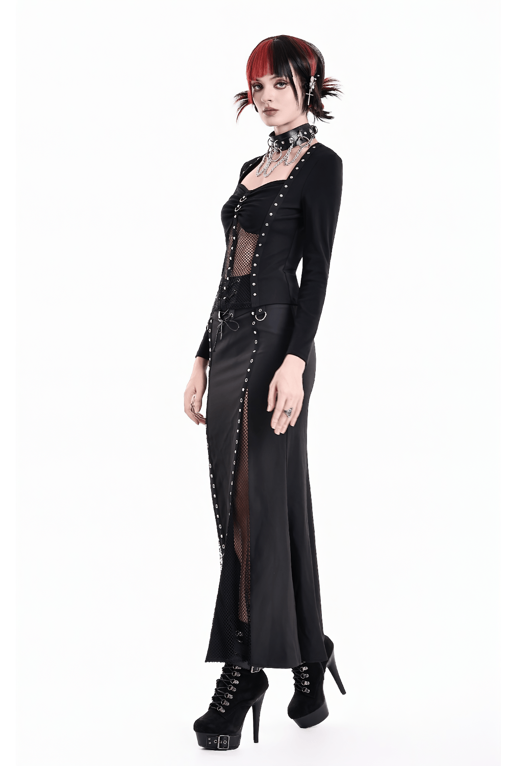 Gothic Black Lace Up Mermaid Maxi Skirt with Mesh