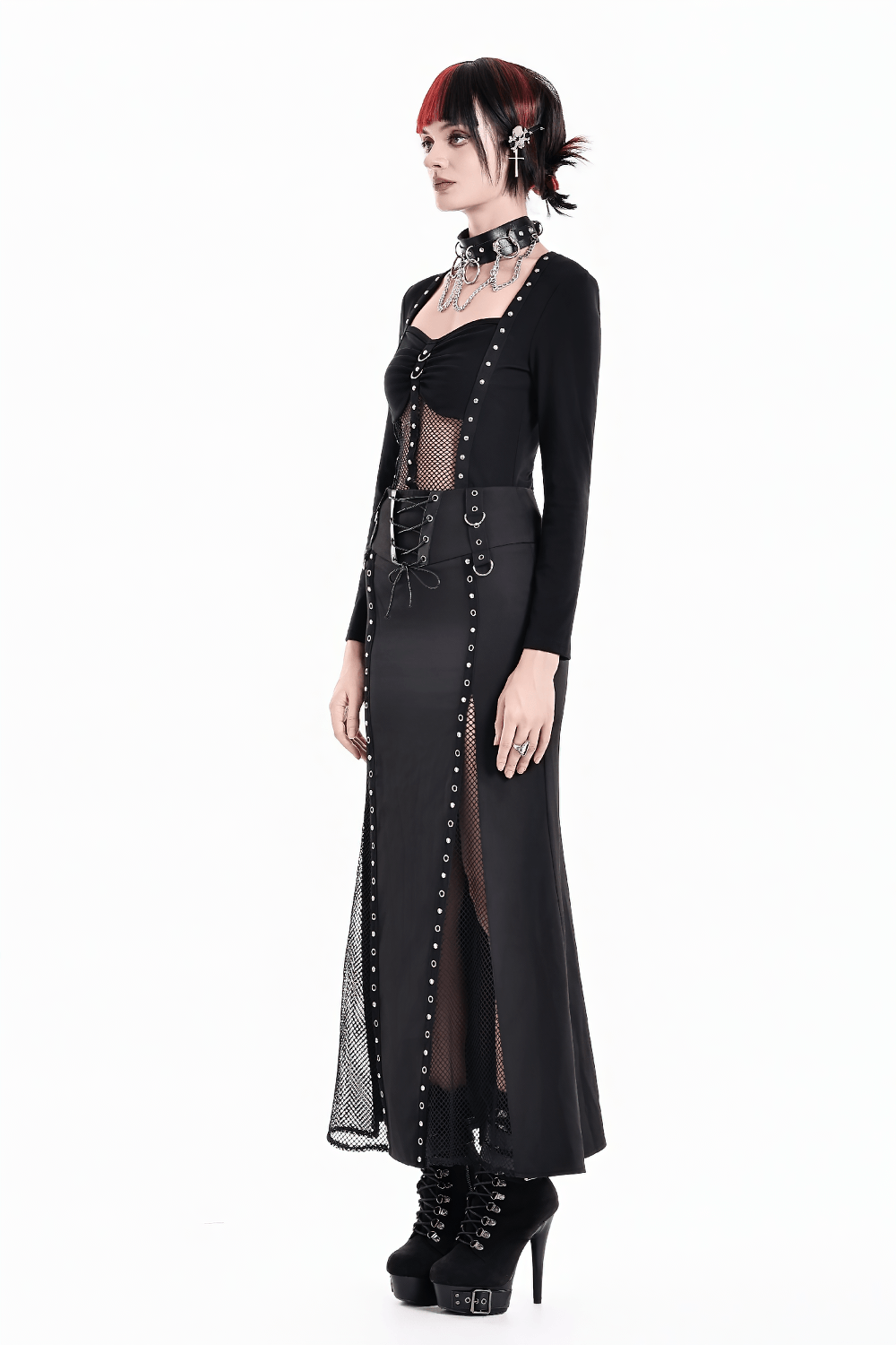 Gothic Black Lace Up Mermaid Maxi Skirt with Mesh