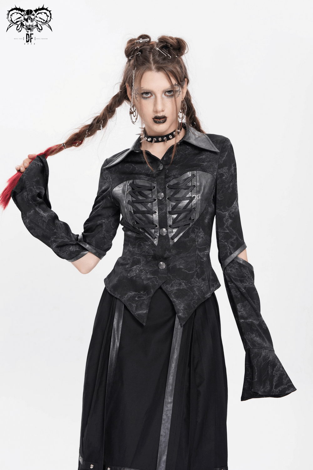 Gothic Black Lace-Up Shirt with Cut-Out Sleeves