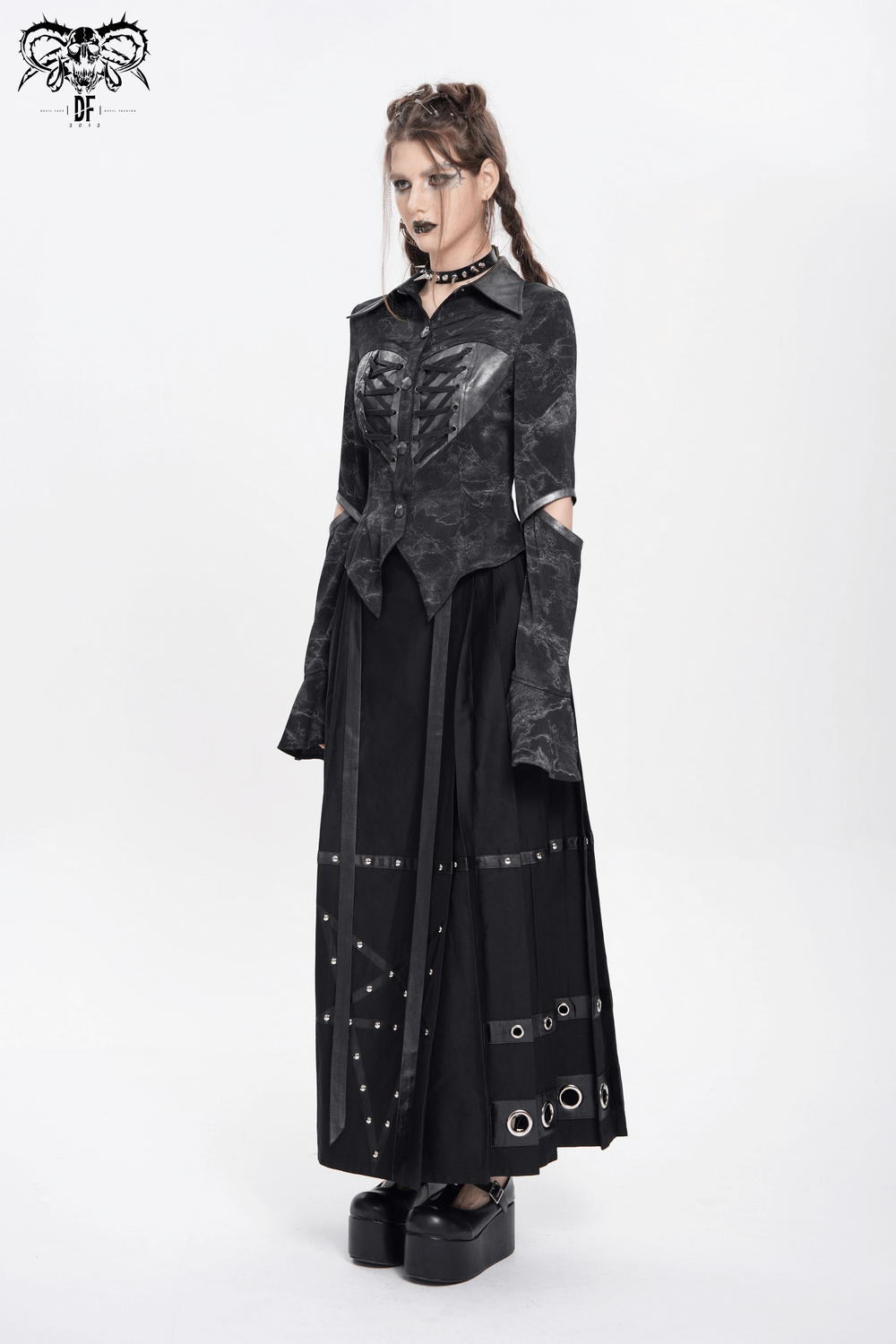 Gothic Black Lace-Up Shirt with Cut-Out Sleeves