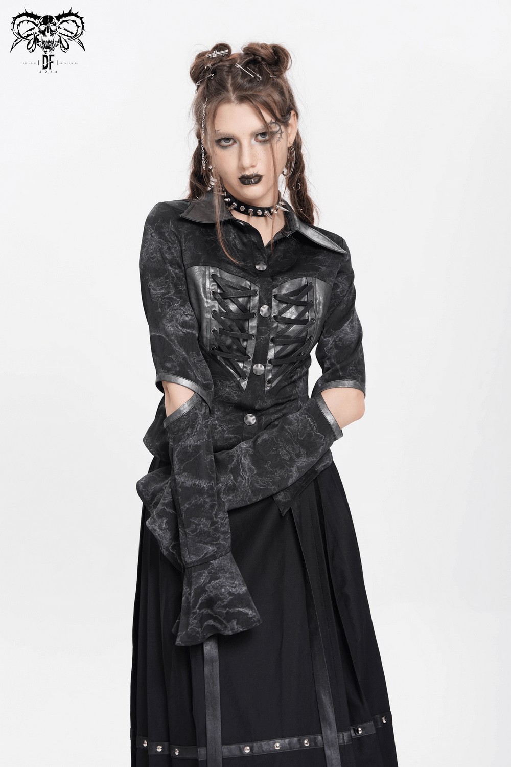 Gothic Black Lace-Up Shirt with Cut-Out Sleeves