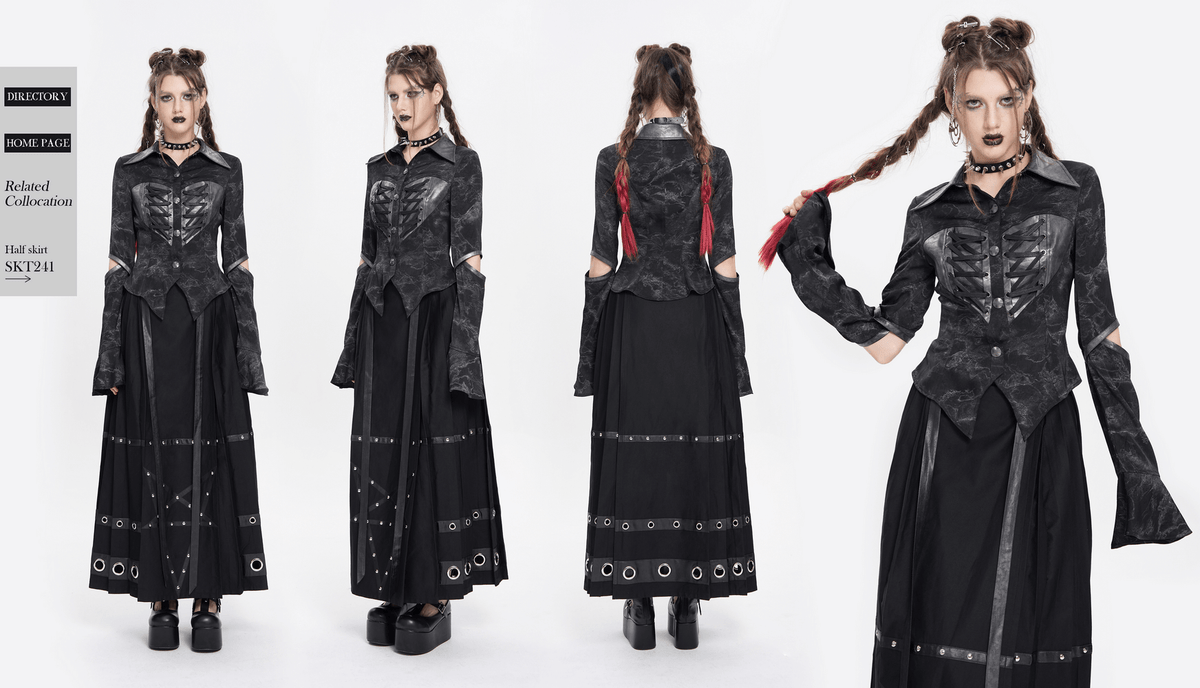 Gothic Black Lace-Up Shirt with Cut-Out Sleeves