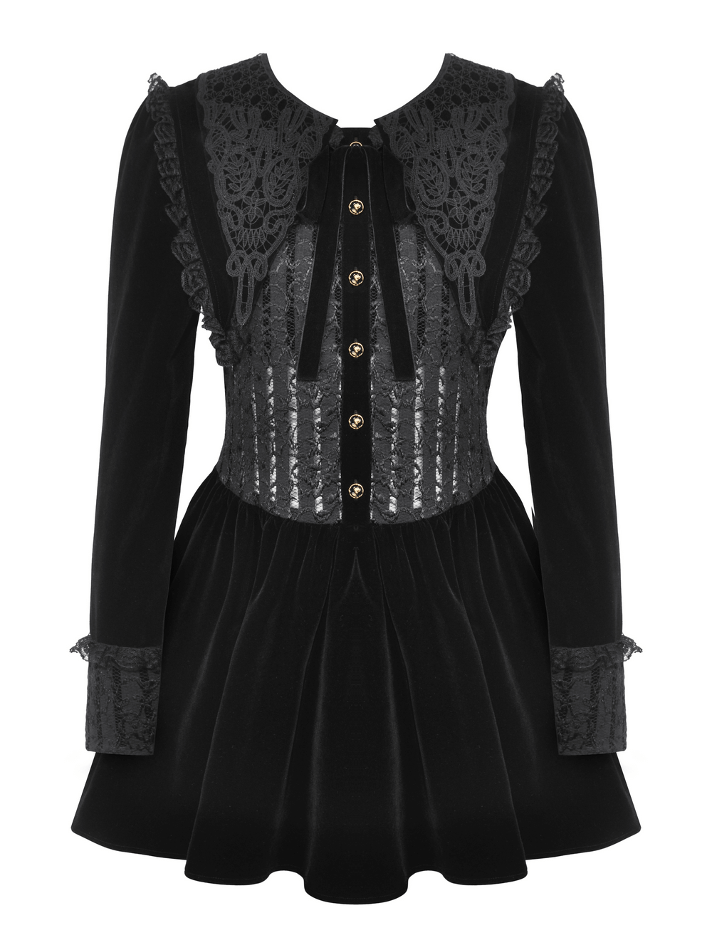 Gothic Black Lace Velvet Dress with Button Details