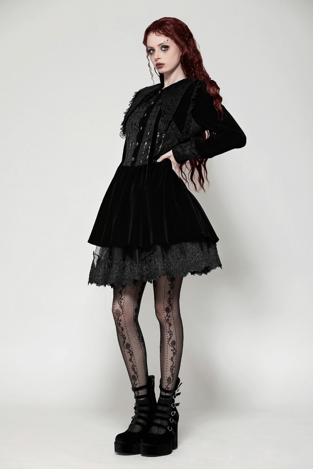 Gothic Black Lace Velvet Dress with Button Details