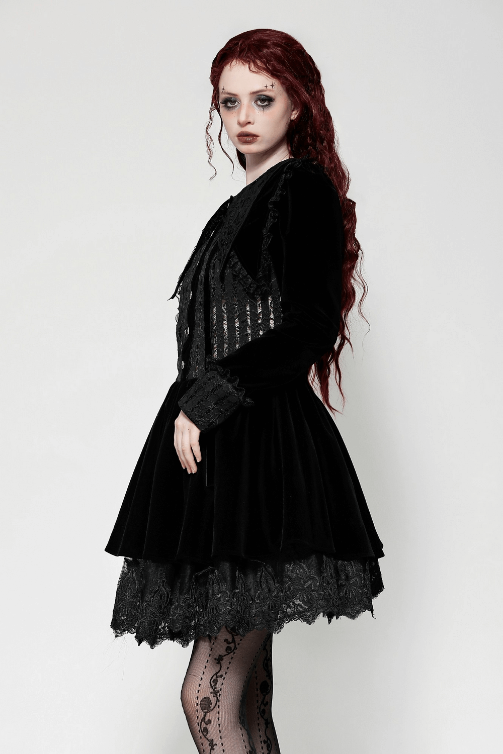 Gothic Black Lace Velvet Dress with Button Details